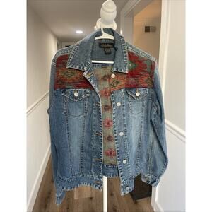 North River Women S Aztec Jean Jacket Southwest Tapestry Denim Stretch Rustic